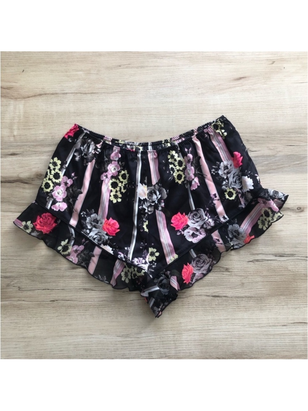 Victoria's Secret Black Satin Floral Ruffle Shorts with Pink Accents